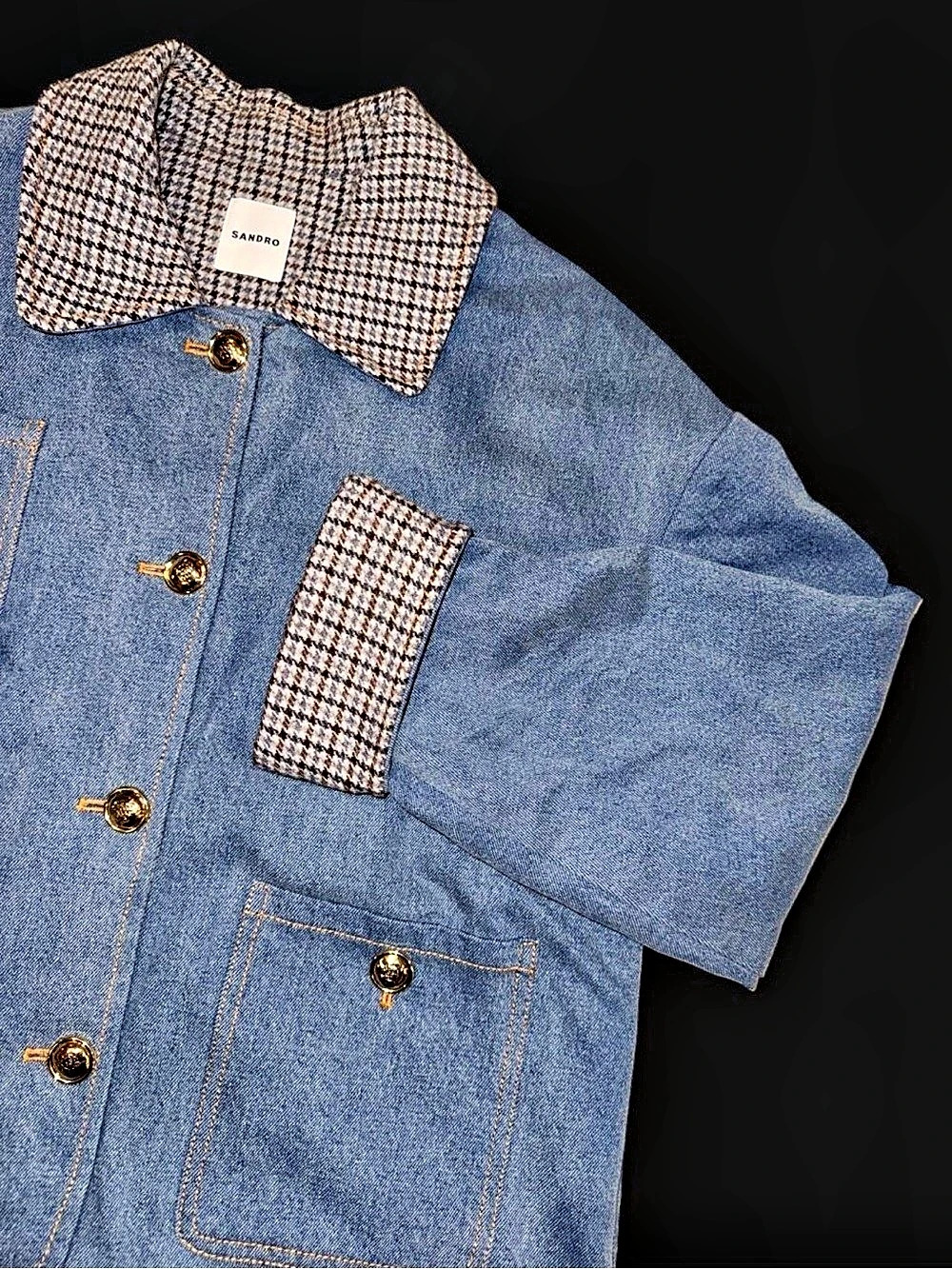 Sandro Elias Denim Jacket Houndstooth Blue & Brown Size 40 - Picture 2 of 6